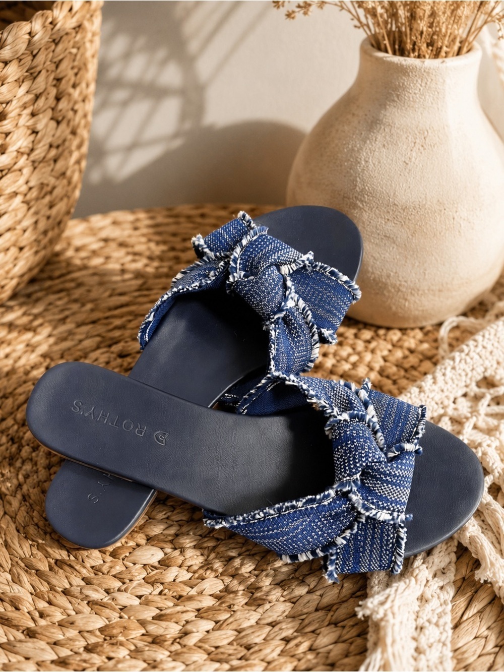 Rothy's The Knot Blue Frayed Slip On Sandals Size 9.5 Coastal Nautical Preppy